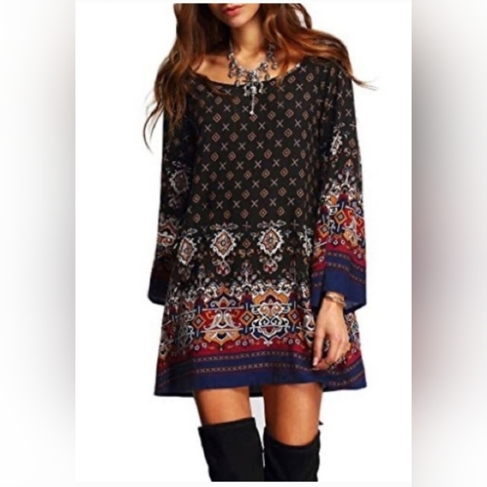 Risesun Womens Shift Short Dress  Multicolor Bohemian ‎ Bell Sleeves  Size L